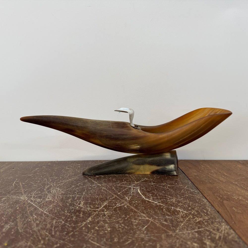 Unique Steer Cow Horn Cigar Ashtray with Metal holder Display‎ Art Piece